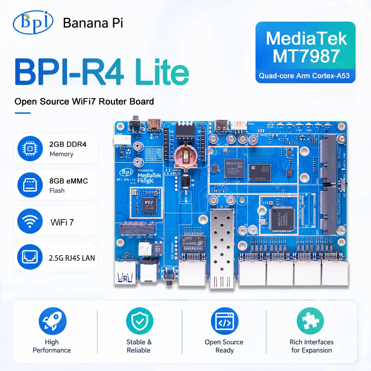 Banana Pi BPI-R4 Lite MediaTek MT7987A 2 GB DDR4 8 GB eMMC 256 MB SPI-NAND Smart Router Home Automation Wifi 7 Wireless Router