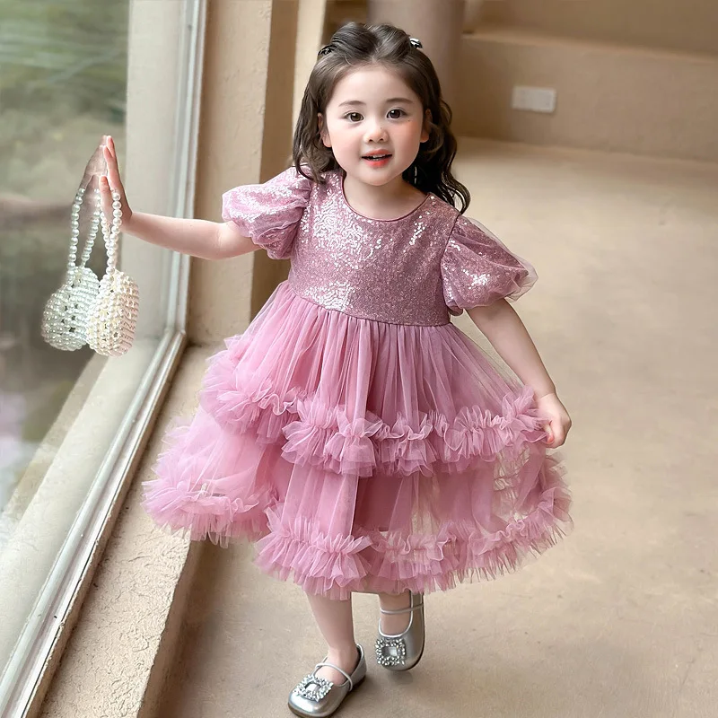 

Girls' Summer Dress with Puff Sleeves2026New children's sequin princess tulle dress baby summer formal dress