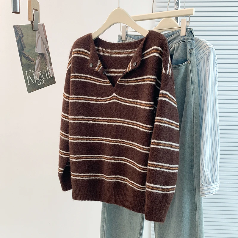 Suéteres de punto para mujer, Jersey informal a rayas, Jersey Retro de otoño-invierno, suéter holgado de gran tamaño Harajuku