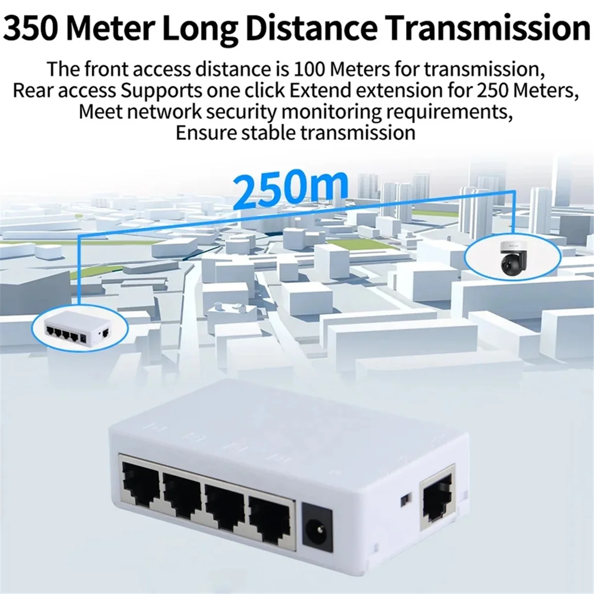 4 포트 POE 익스텐더 100Mbps 1 in 4 Out 250 미터 네트워크 스위치 리피터 IEEE802.3af/At PoE 스위치 NVR IP 카메라 YDH