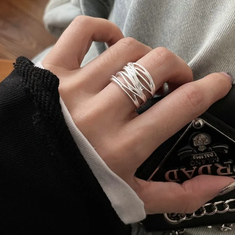 Women's 925 Sterling Silver Geometric Irregular Lines Open Ring