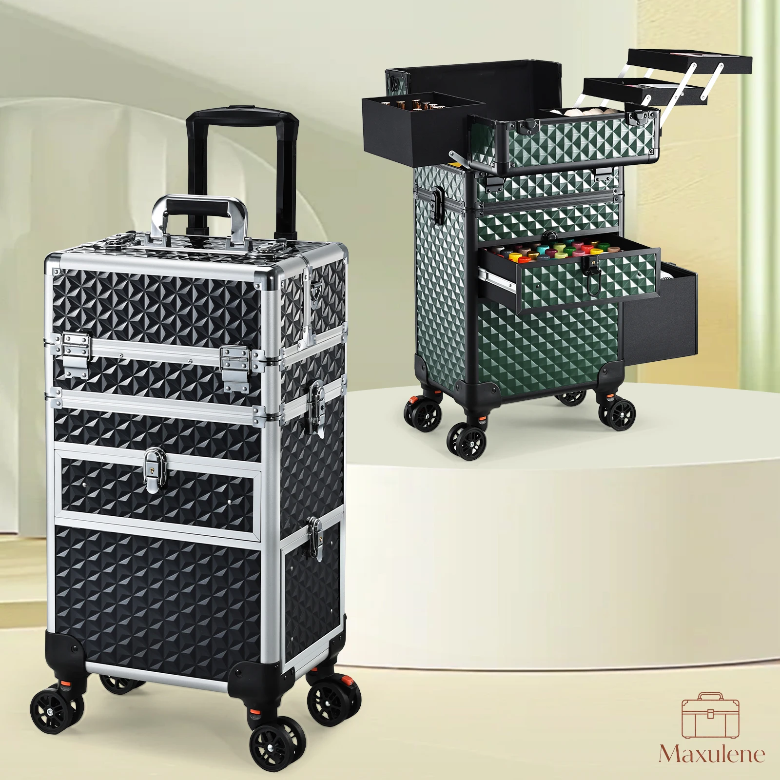 Trolley de Cosmétologie Professionnel sur Roues avec Grands Plateaux, Valise de Maquillage Roulante, Organisateur pour Barbier et Manucure, Chariot de Maquillage avec Tiroirs, Valise de Salon à Roulettes avec Clés