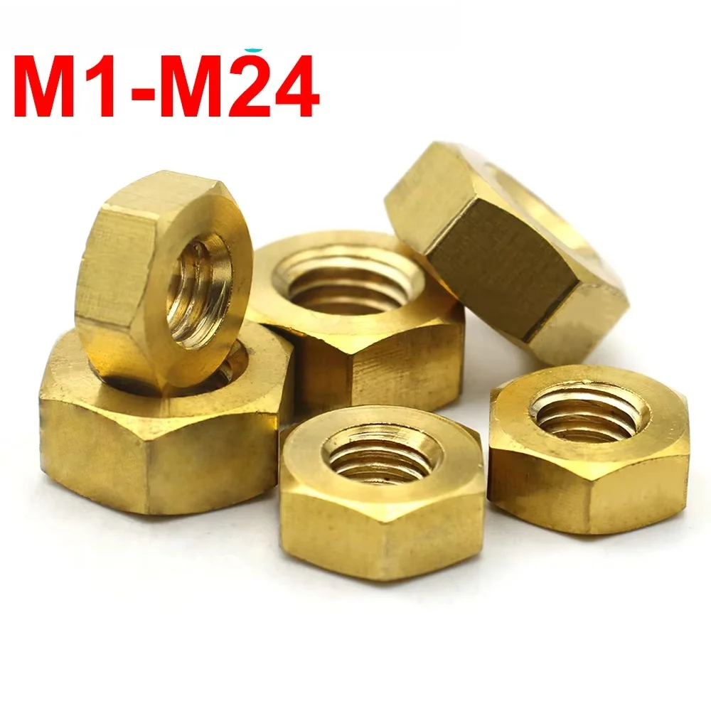 1/2/5/10/20pcs Solid Brass Copper Hex Hexagon Nuts M1 M1.2 M1.4 M1.6 M2 M2.5 M3 M4 M5 M6 M8 M10 M12 M14 M16 M18 M20 M22-24 DIN93
