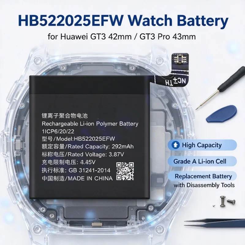 HB522025EFW Watch Battery Compatible with Huawei GT3 42mm GT3 Pro 43mm, High Capacity Replacement Battery with Disassembly Tools