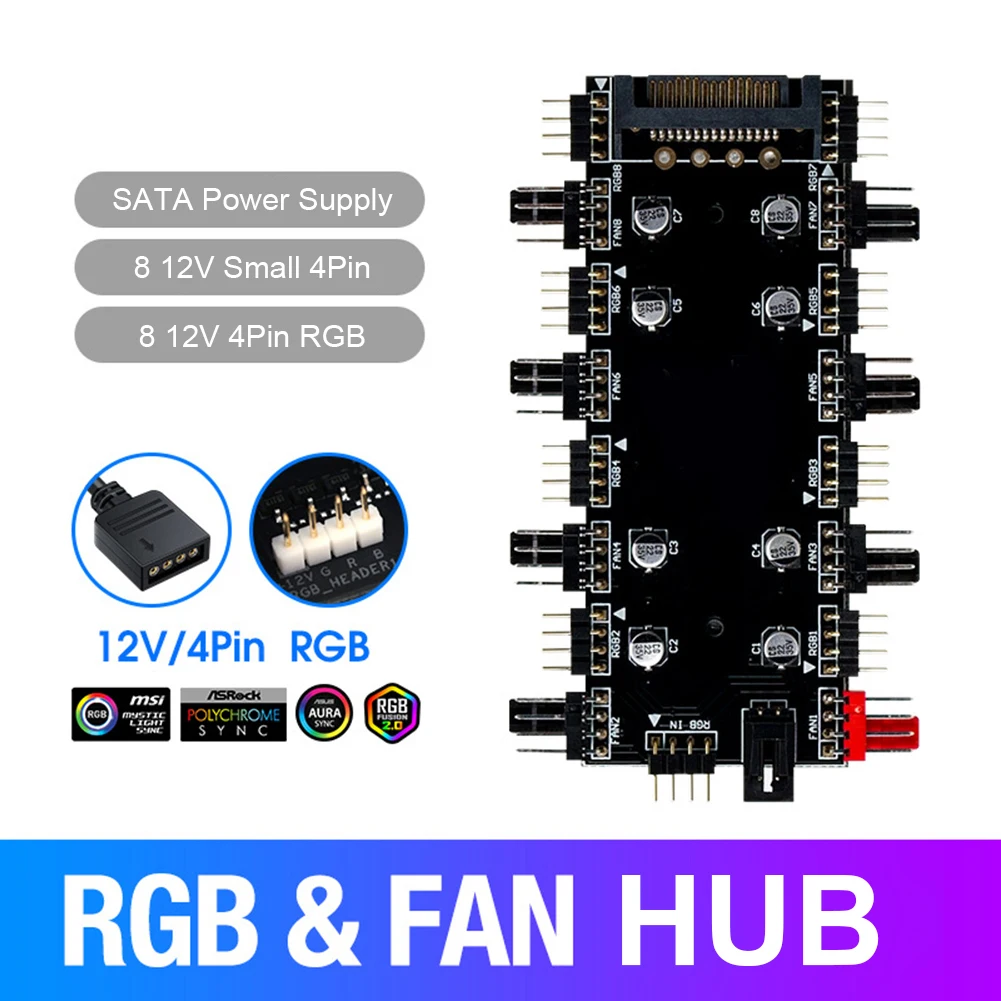 ARGB PWM Fan Hub 4Pin PWM 5V 3Pin ARGB Hub Splitter Large 4D SATA Power Extension Cable Adapter Cooler Speed Controller Adapter