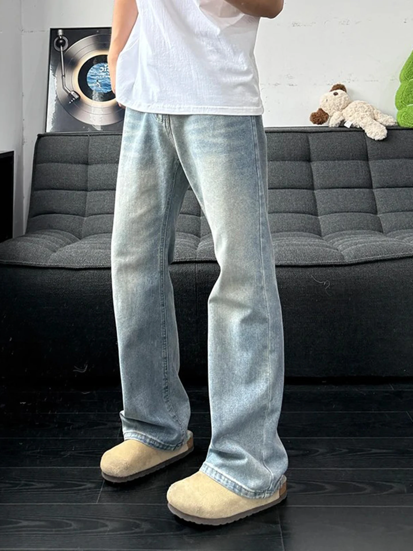 

Retro Blue Straight Leg Men's Jeans High Street Vibe Lengthening Legs Non-Fitting Micro Flared Long Trousers Youth Faion