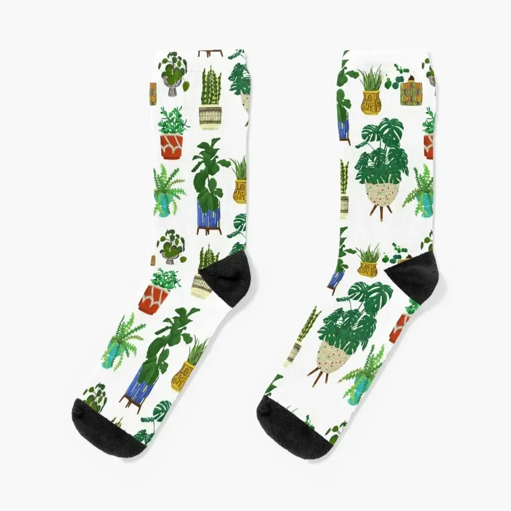 Mid Century Modern Pottery with Plants Socks Stockings Climbing Socks Women's Men's