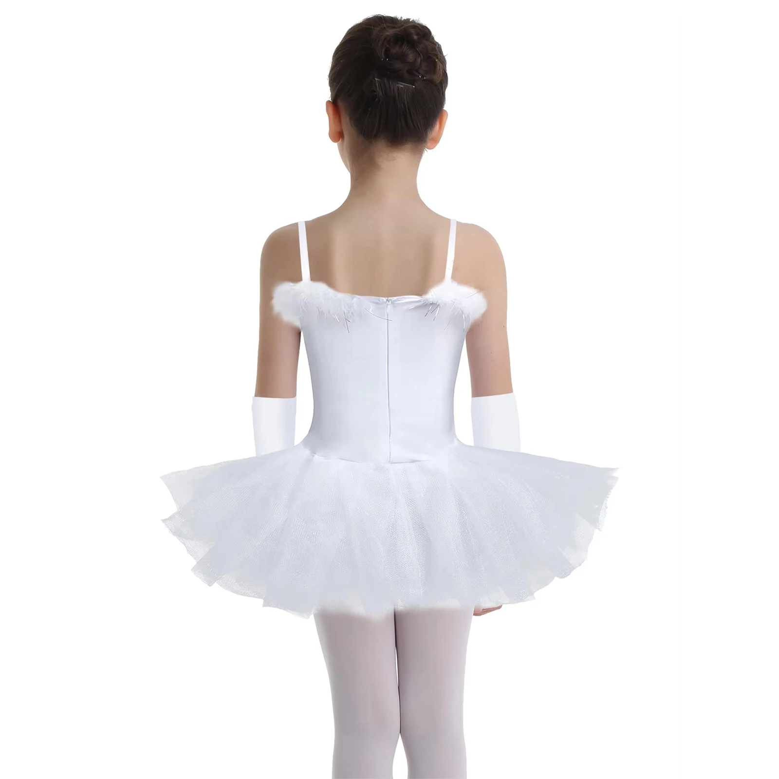 Kids Girls Swan Dance Ballet Dress Sequins Camisole Tutu Leotards Ballerina Princess Costume Performance with Gloves Hair Clip