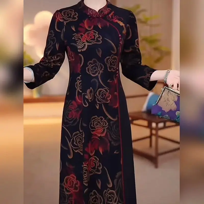 Autumn New High-end Qipao Long Sleeved Slim and Elegant Suitable for Middle-aged and Elderly Female Mothers Wearing Long Skirts