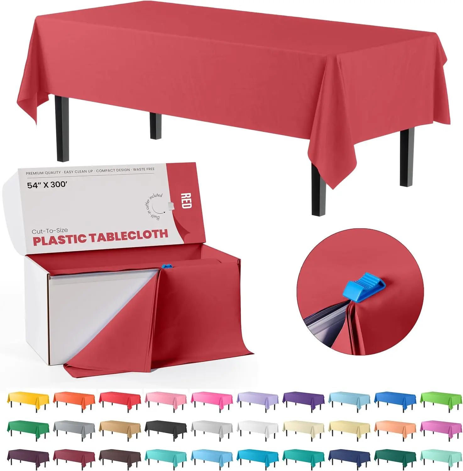 

Red 54x300in Plastic Disposable Tablecloth Roll with Built-in Cutter - 36 RecTable Covers in a Box