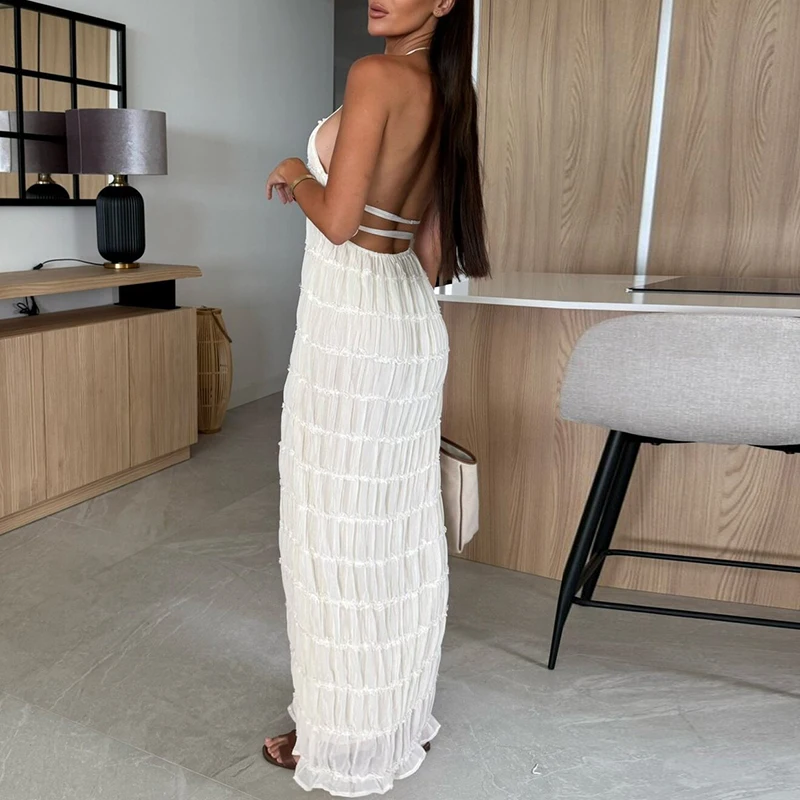 女性ハイウエスト背中の開いたビーチドレスセクシーなサスペンダーノースリーブロングスリングドレスファッションソリッドカラーフリルスリムパーティードレス