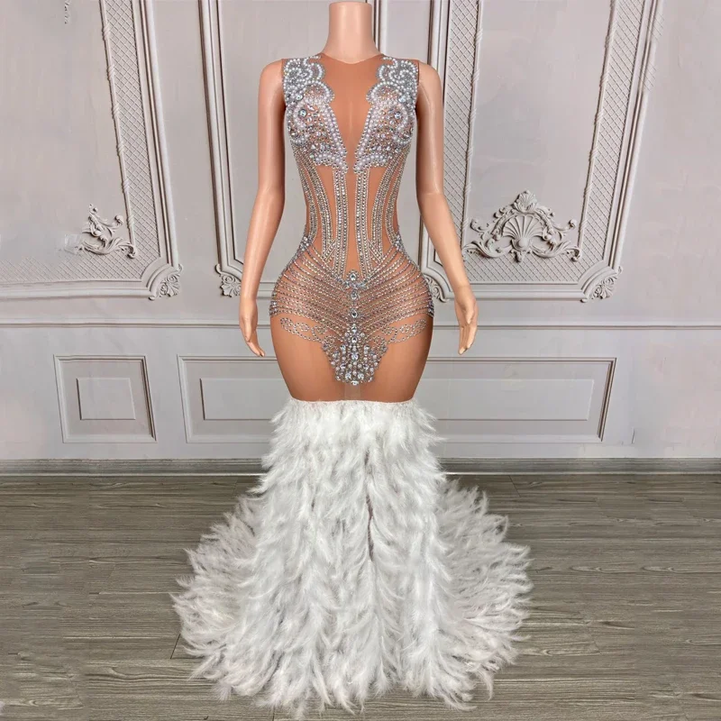 Sexy  Birthday Dress Mesh Rhinestones Wedding Gown Women Feather Stage Catwalk Outfit Celebrate Costume Evening Dresses