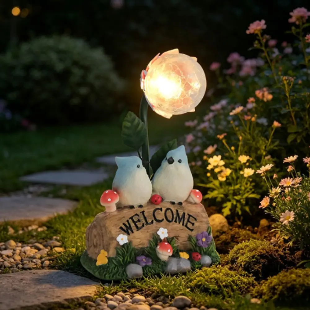 Solar Powered Garden Welcome Sign Durable Resin Warm Light Bird Figurine Creative Design No Wiring Needed Garden Ornament
