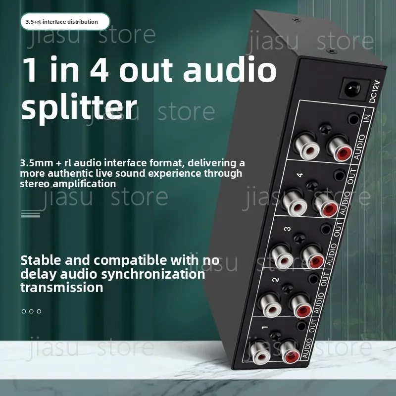 1x4 Stereo Audio Splitter 1 Input 4 Output, RCA 3.5mm Jack Audio Distributor with Op Amp