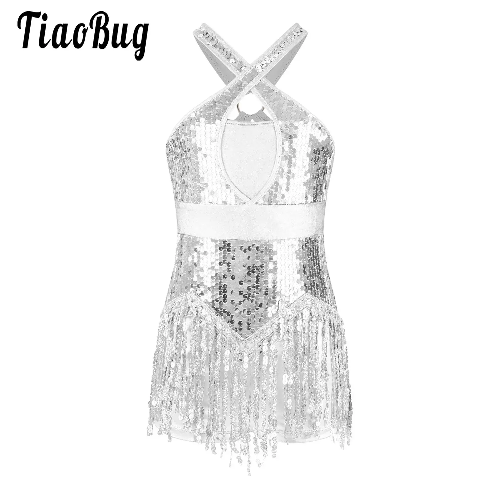 Kids Girls Shiny Sequins Latin Dance Fringed Bodysuit Tassel Leotard Jazz Salsa Dancewear Tango Cha-cha Performance Costumes