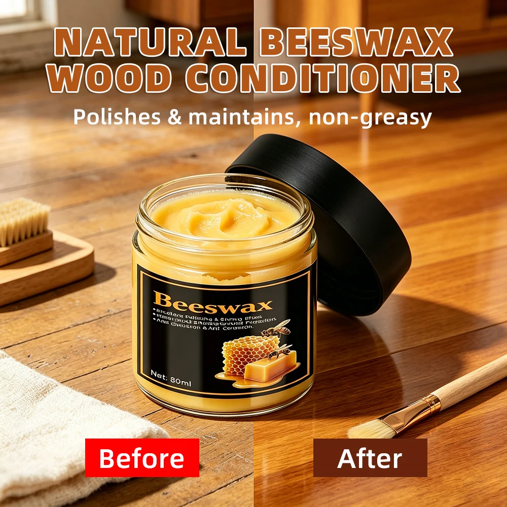 Cera de abejas natural de 80 ml con esponja, tipo sin perfume para muebles, suelos, etc., cuidado esencial para la madera del hogar, empaque sencillo