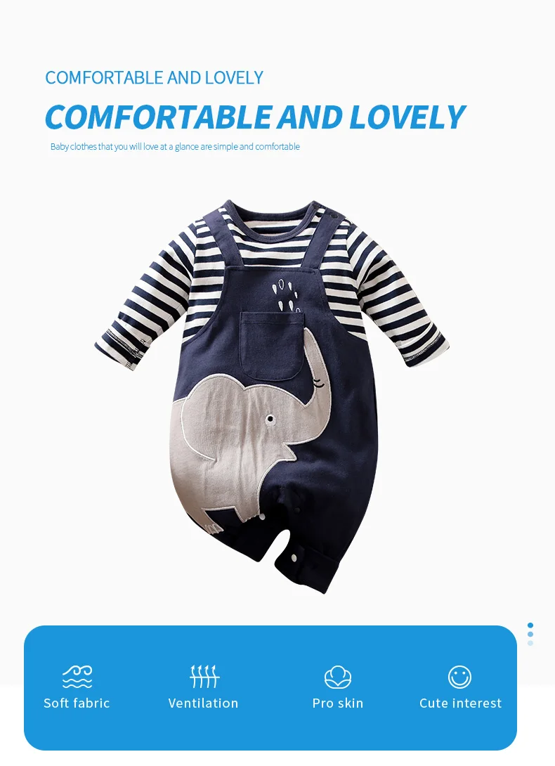 Newborn Baby Rompers Elephant & Giraffe Print Striped Long Sleeve Cotton Soft Jumpsuit Fall Winter Outfit for Toddler Boys Girls