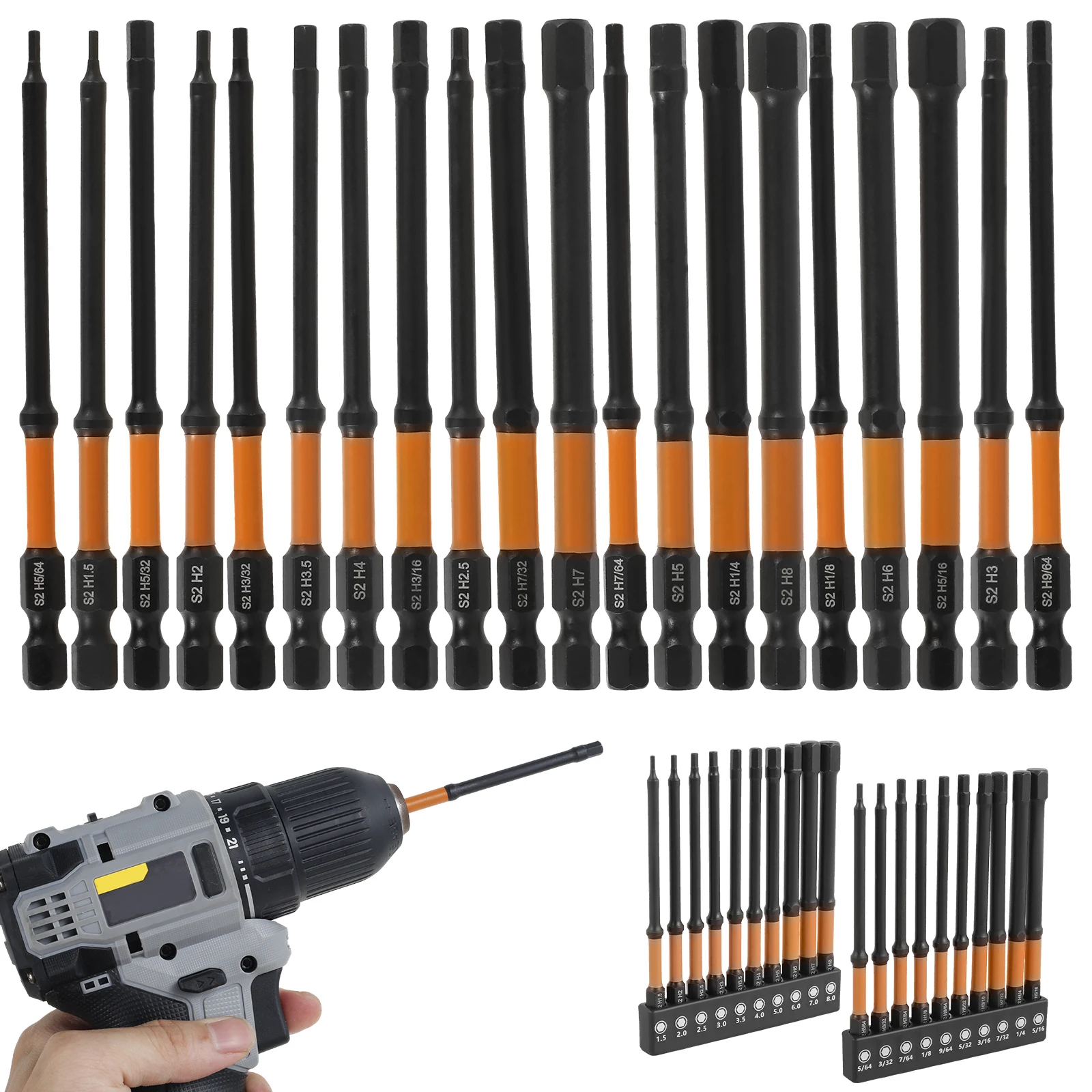 10/20PCS Hex Head Allen Wrench Bit Set Magnetic Screwdriver Drill Bit Metric and Imperial (SAE )quick Release 1/4in Hex Shank