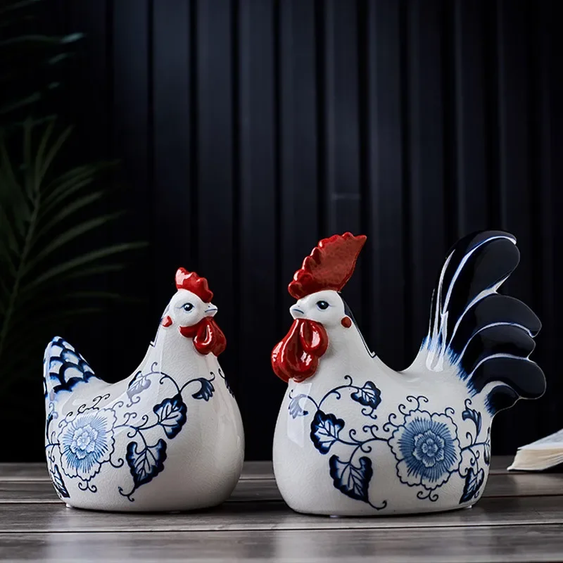 Chinese Vintage Ceramic Craft Ornament Chicken Rooster Animal Sculpture Porcelain Decorative Figurines Home Accessories