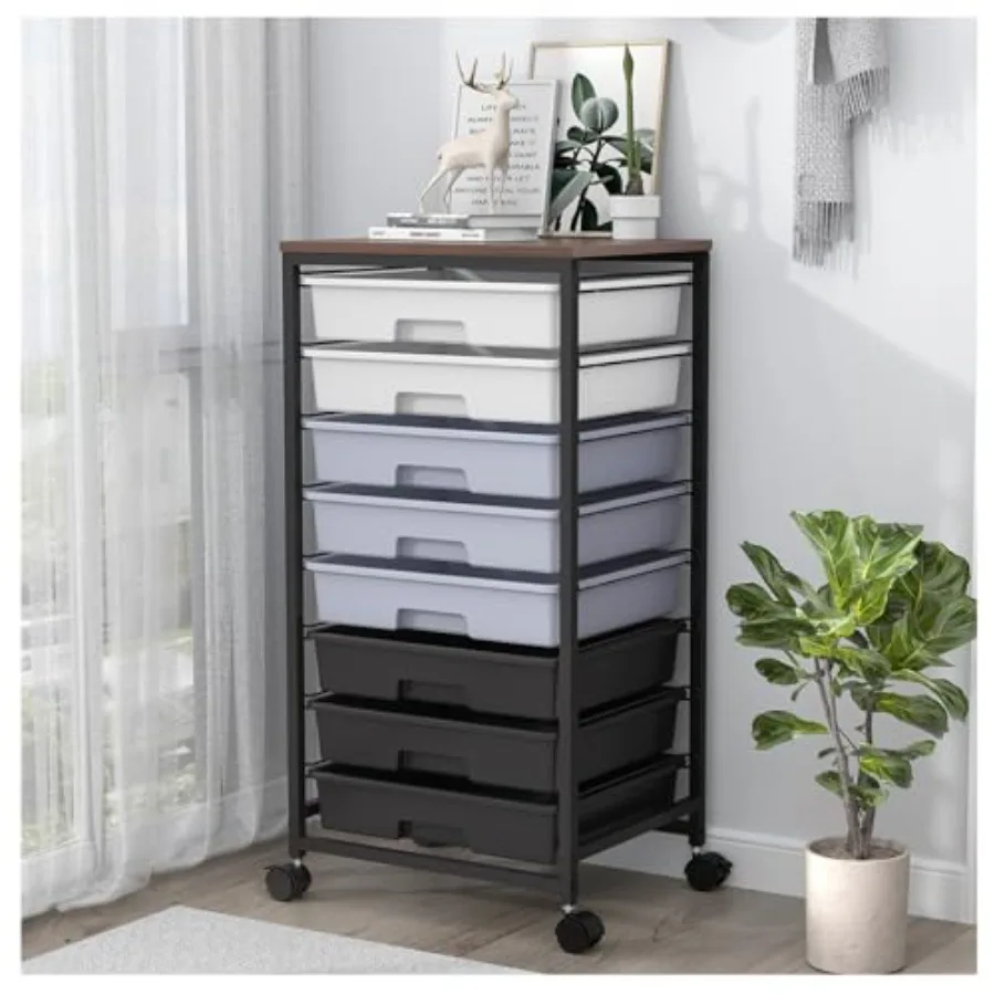 Rolling Cart with Drawers Utility Cart with 8 Drawers and Wooden Tabletop for Living Room Classroom Bedroom Bathroom Dorm Offic