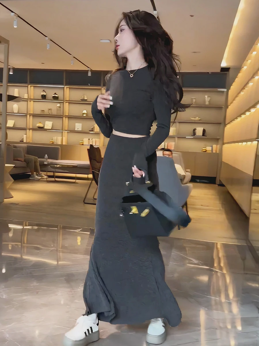 مثير الحلو والتوابل فتاة الخريف Faion مجموعة عالية الخصر Bodycon تنورة ملابس داخلية المرأة فرقة طويلة Sve جولة Ne