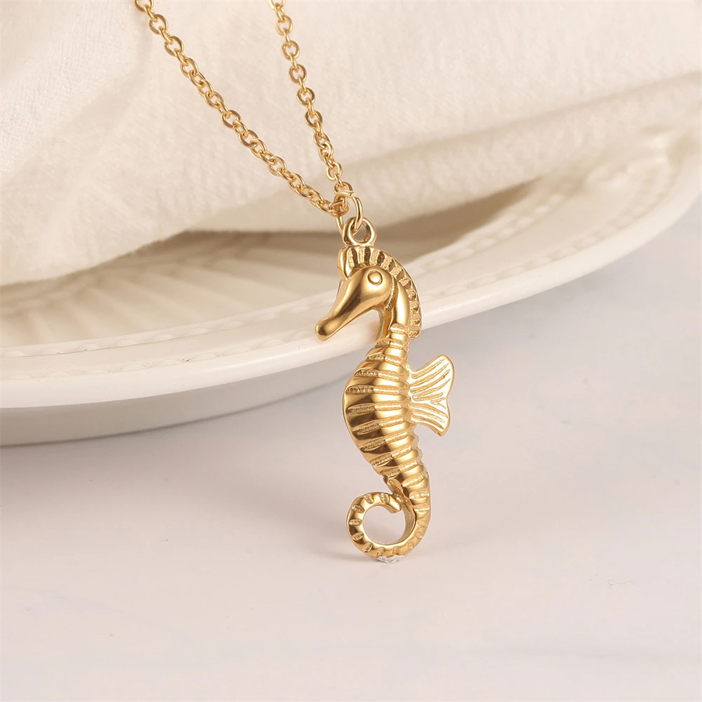 Stainless Steel Women Men Necklace Hippocampus Gold Color Seahorse Pendant Necklace Animal Jewelry Gift