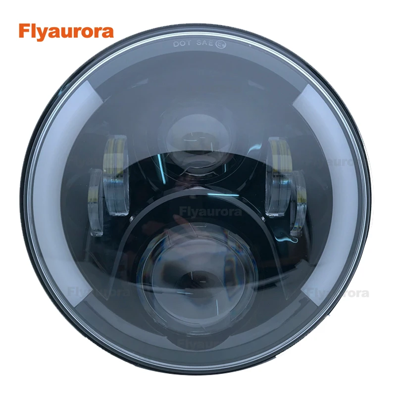 Flyaurora 7Inch 60W DOT SAE E9 Motorcycle Headlamp with angle eye Led Headlight 7inch housing bucket trim ring