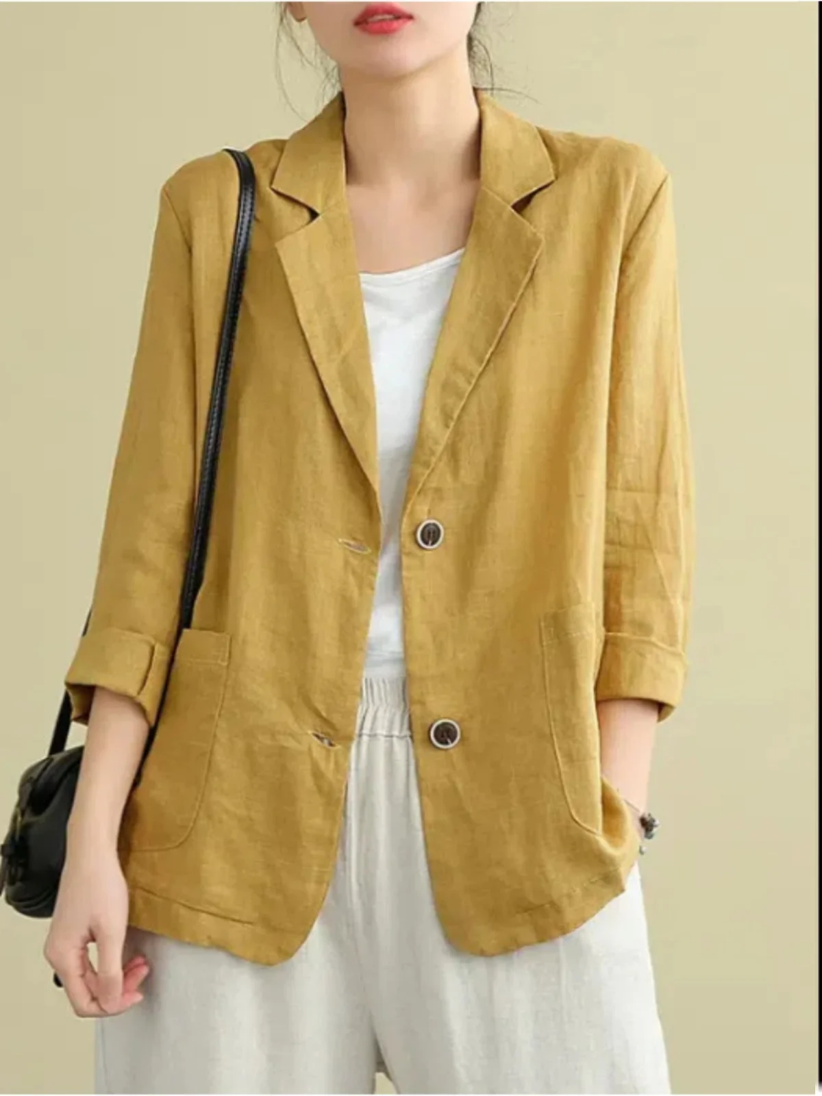 

Casual Cotton Linen Women's Suit Jaet Loose Fit Long Sve Versatile Slimming Top Trendy Spring Autumn Wear