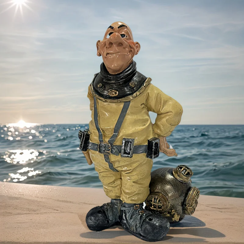 Vintage diver statue handmade resin ocean decoration retro style yellow and black deep sea exploration detailed design interior