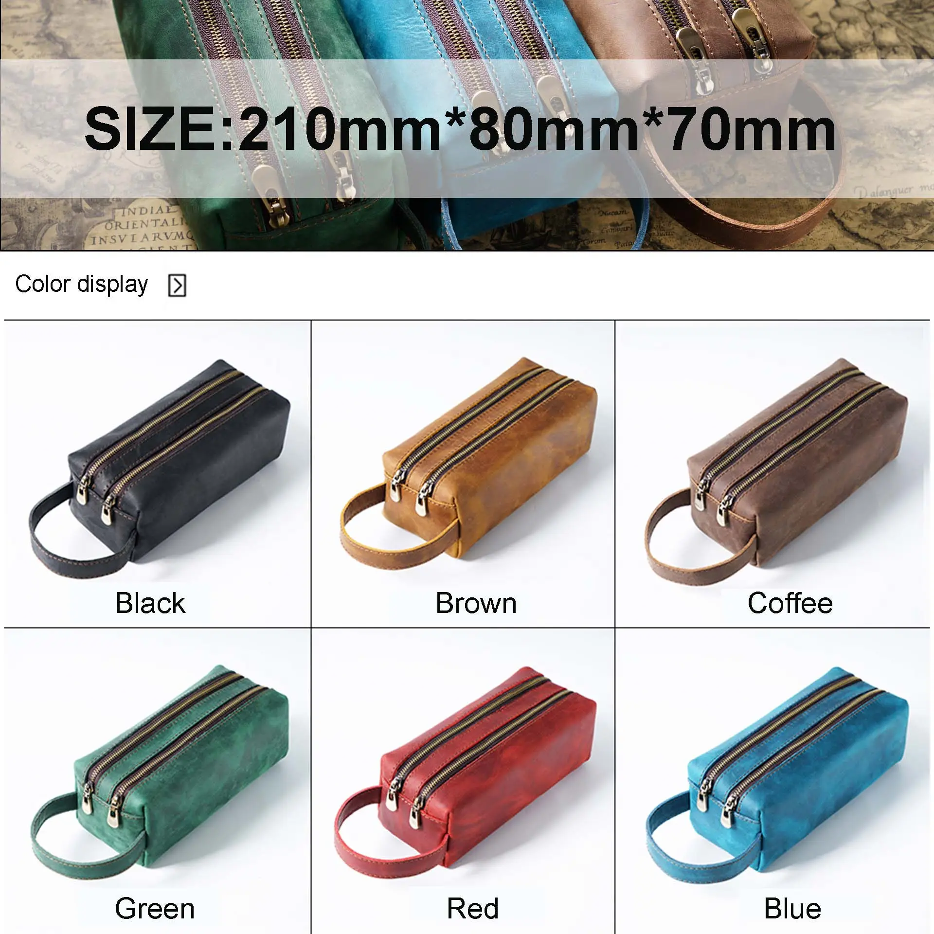 Handmade Genuine Leather Pencil Bag Vintage Double Layer Design Zipper Pen Case Cowhide School Bag Large Capacity Storage Pouch