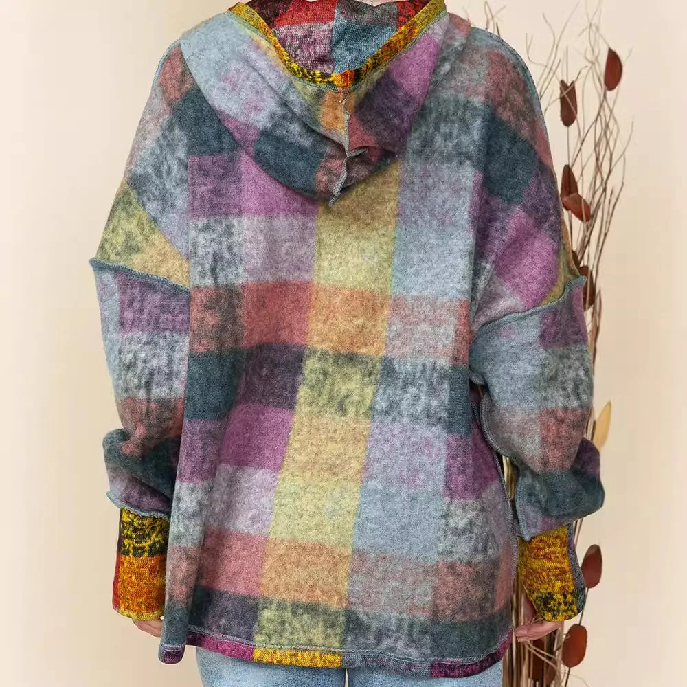 Fashion New Women's Autumn Fleece Warm Hoodies Multi Colored Plaid Loose Casual Sweatshirts Pullover for Women