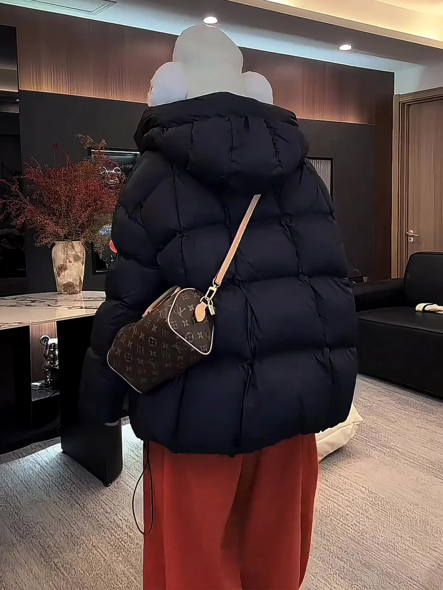 Chaqueta Acolchada Blanca Holgada para Mujer, Estilo Coreano, Chaqueta Larga con Capucha, Abrigo Cálido de Longitud Media