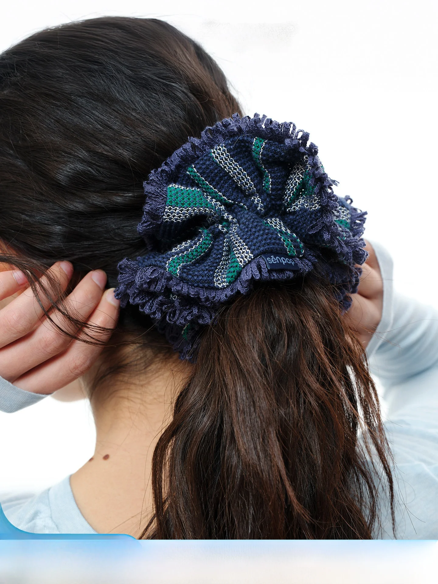 shangsen-heavy-embellished-blue-floral-hairband-high-elasticity-double-layered-ruffled-beach-accessory-for-all-ages