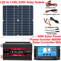 12V to 110/220V Solar Panel System 18V 50W Solar Panel+50A Controller+4000W Modified Sine Wave Inverter Kit Power Generation Kit