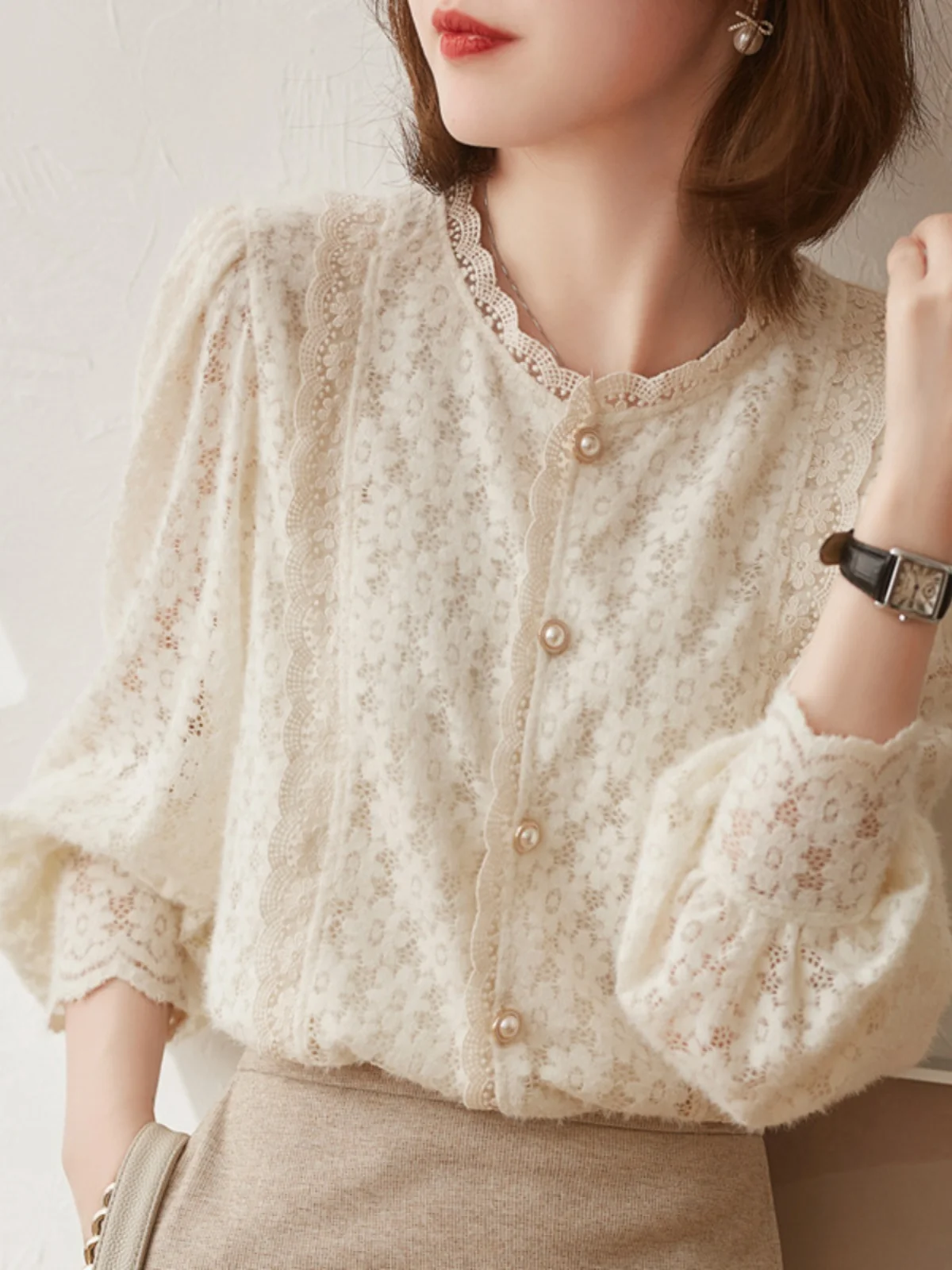 

Fce Lined Thiened Long Sve Lace irt Bubble Sve Осень-Зима Ele Sle Женский традиционный китайский топ