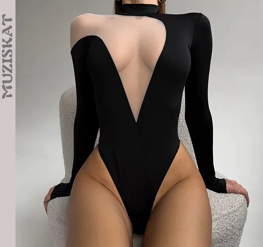 

MUZISKAT 2024 Spring Fashion New Irregular Sexy Deep V See-Through Mesh Splicing Long-Sleeved Jumpsuit Can Be Worn Outside