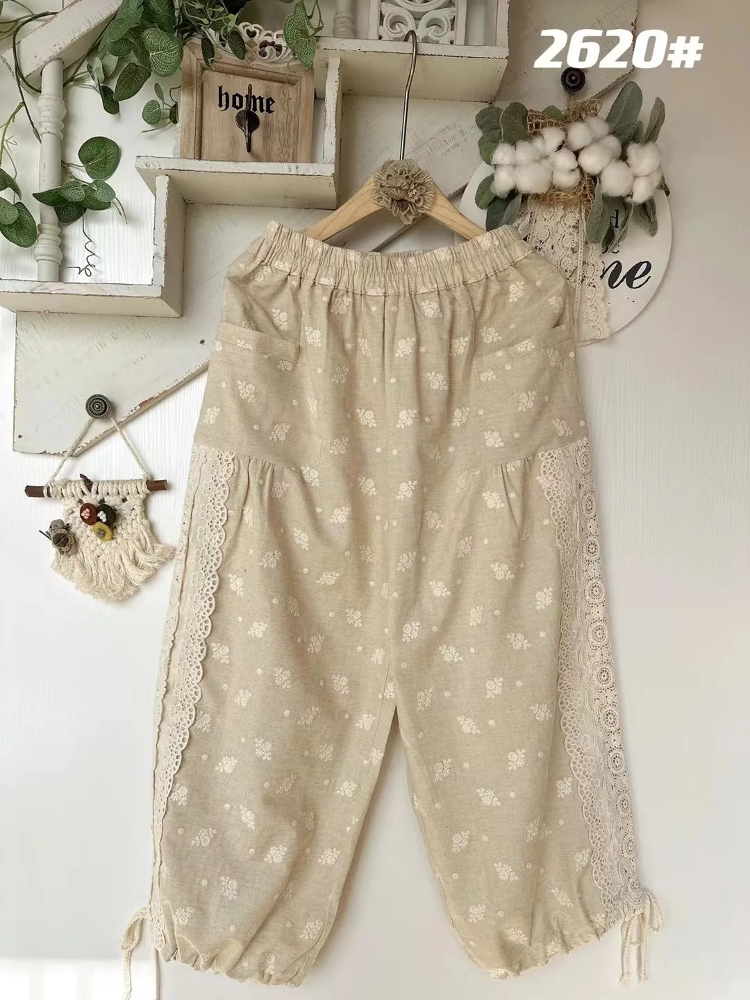 Frühling Sommer Schwer Bestickte Spitze Patchwork Lose Leinen Freizeithose Koreanischer Stil Damen Premium Mode