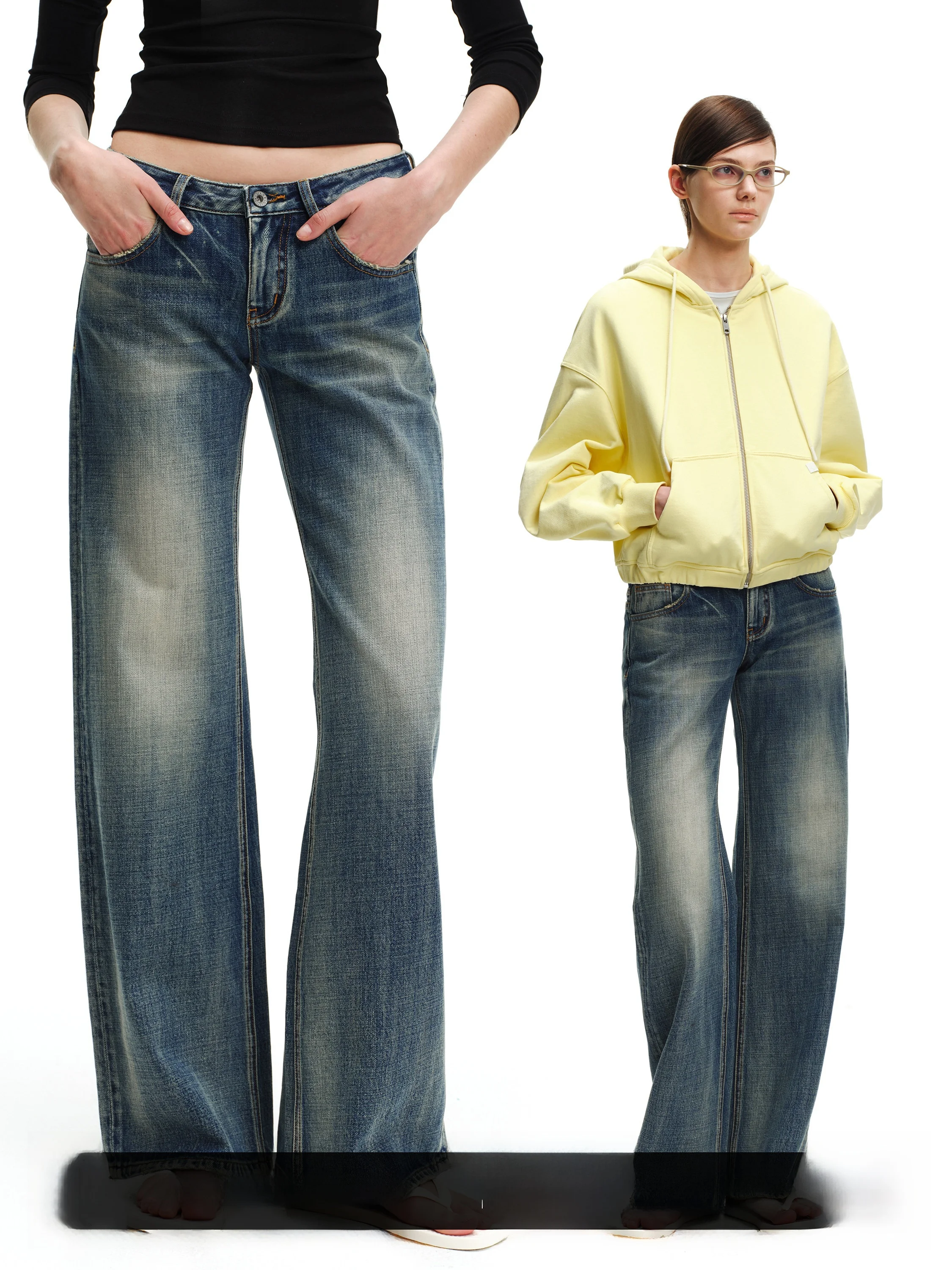 

SMIIILE Vintage Washed Denim Jeans Women's Mid-Low Waist Summer Loose Slim Straight Wide Leg Pants Commute Style All Seasons