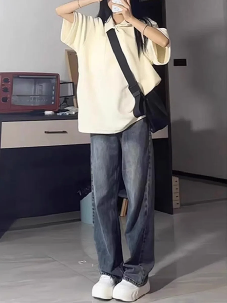 

Ретро джинсы с высокой талией и широкими штанинами для женщин, осенне-зимние, больших размеров, новые, прямые, свободные, стройнящие, выцветшие, длинные брюки