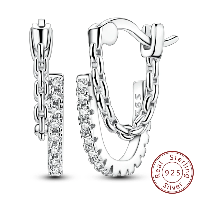

Luxurious 100% 925 Sterling Silver Pave Zircon Chain Hoop Earrings For Girl Cool Jewelry Gift
