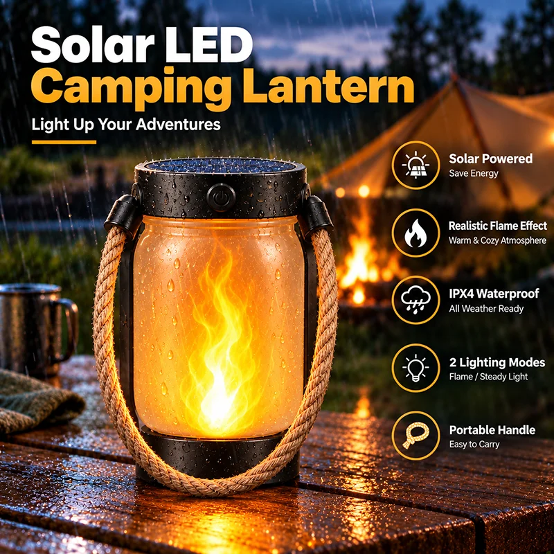 Solar Flame Lantern Hanging Lamp Type-C Fast Charging Waterproof LED Light 3D Flickering Flame for Garden Patio Camping Decor