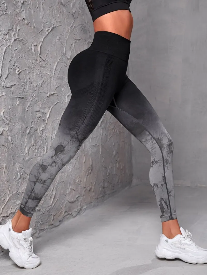 Celana Yoga legging tanpa kelim wanita, Legging lari pewarna ikat pinggang tinggi untuk olahraga Fitness Push Up