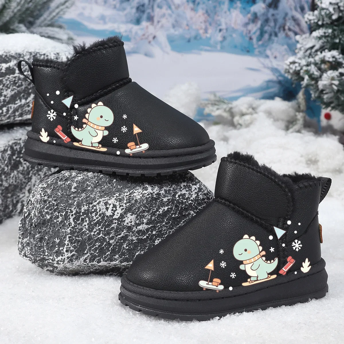 Kids Winter Snow Boots Non-Slip Cute Dinosaur Plush Fleece Lined Warm Fluffy Rubber Thick Sole 2026 Ankle Booties for Boys Girls