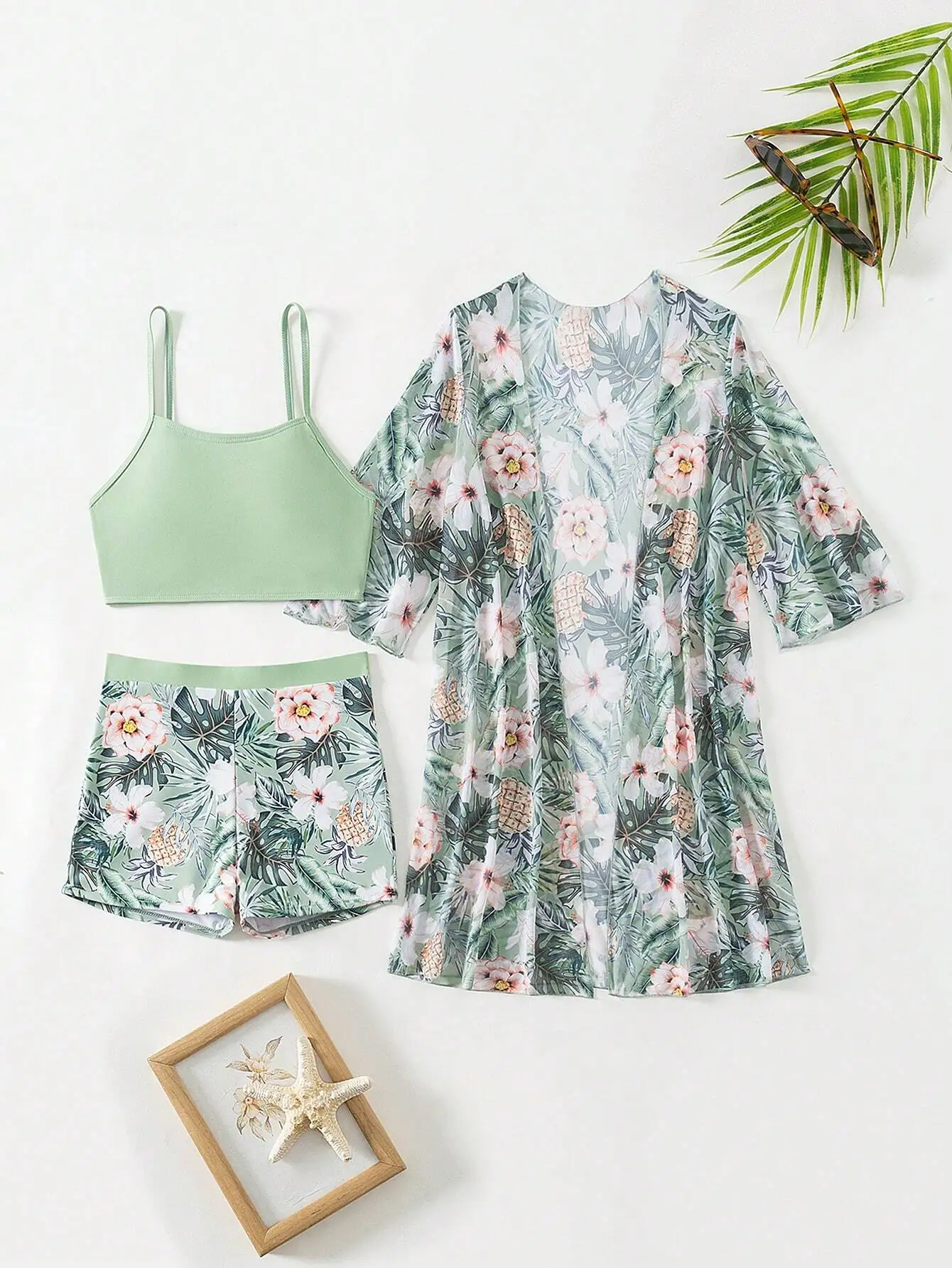 

Tropical Floral Print Women's Bikini Set Featuring Square Cut Shorts And Half-Sleeve Kimono Cover-Up For Summer Beach Wear
