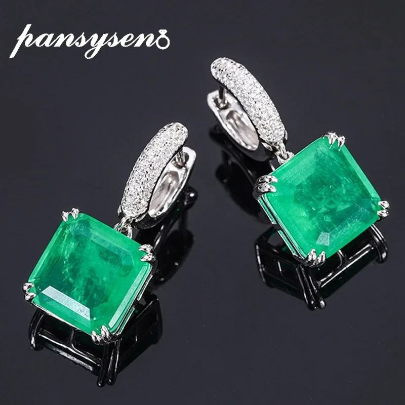 

PANSYSEN Vintage 925 Sterling Silver 12MM Square Emerald Paraiba Tourmaline Dangle Drop Earrings for Women Wedding Party Jewelry