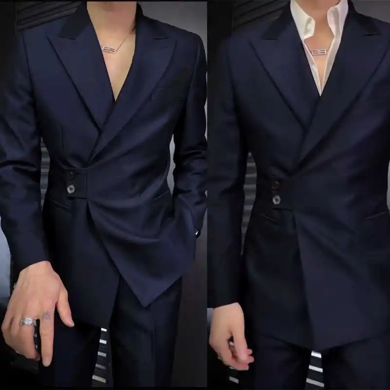 

Formal Wedding Tuxedos 2 Pcs Jacket Pants Peaked Lapel Men Suit Handsome Two Button Grooms Evening Blazers Customized