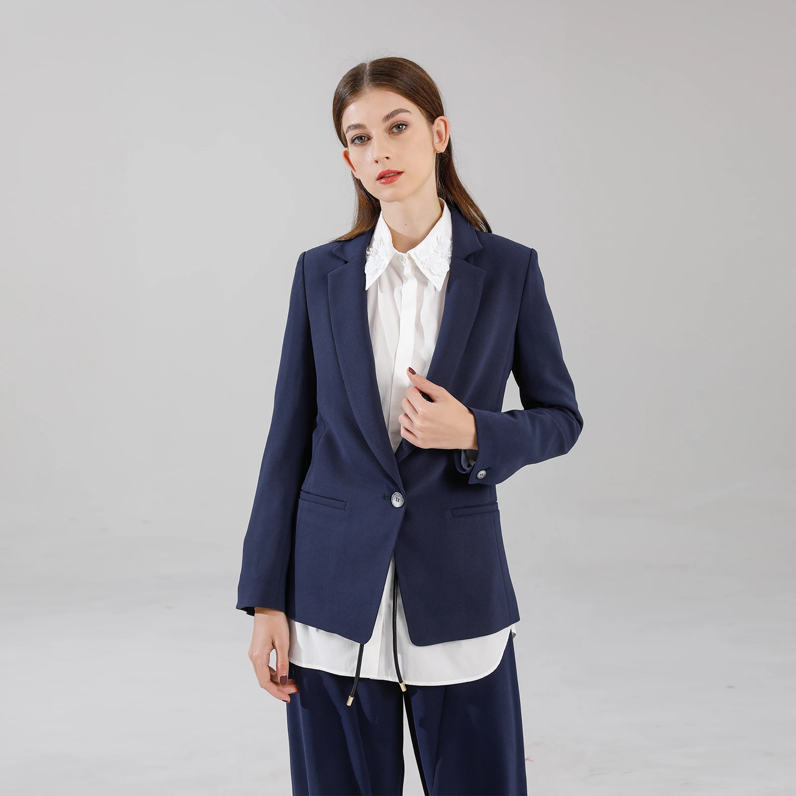 Classic Deep Blue One Button Suit Jacket Comfortable Commute Design Original Design Women's Fashion Polyester Long Sleeve