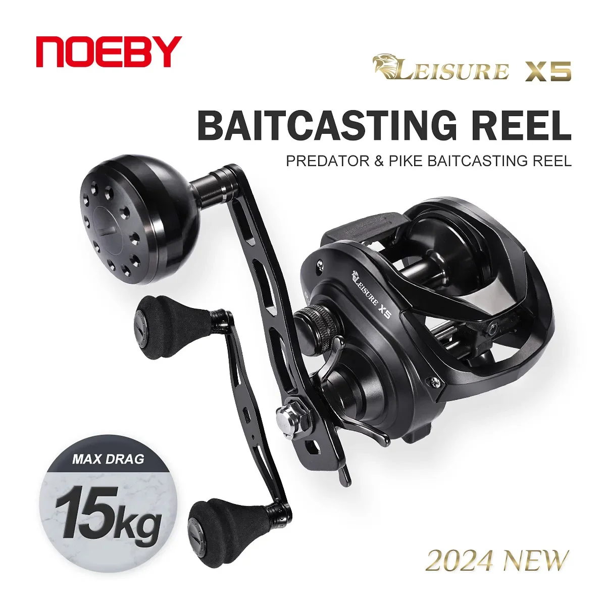 Noeby-Pike Baitcasting Fishing Reel, Large Capacity Gear Ratio 6.4:1, 15kg Max Drag Brass Gear, Stainless Aluminum Fishing Reels