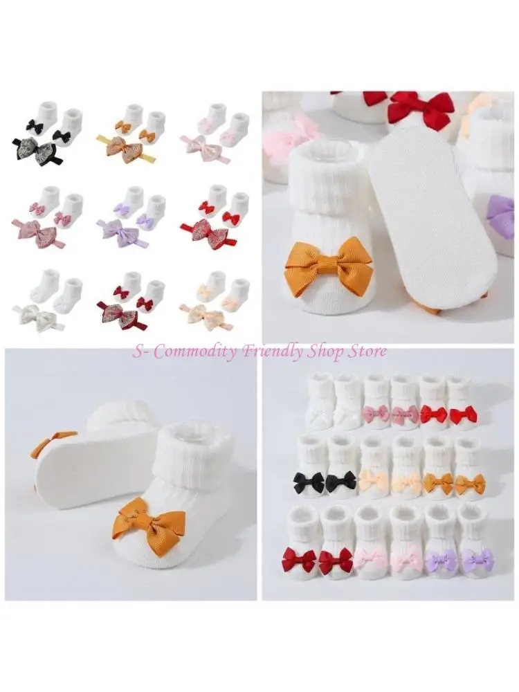 

85AE Хлопковые детские носки, комплект головных уборов, модные повязки на голову для маленьких девочек, комплект носков, резинки