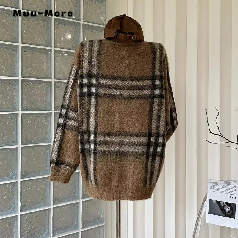 Women Vintage Plaid Knitting Long Sleeve V-neck Loose Cardigans 2023 Winter Fashion Casual Single Breasted Oversized Sweater